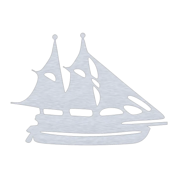 Silhouette of a galleon ship with two large sails, made of aluminum with a shiny metallic texture on a black background.